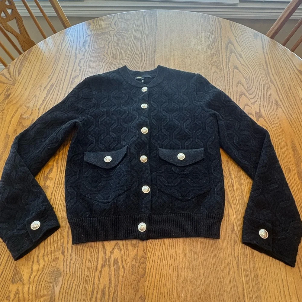 Maje Monserra Jacquard Patterned Black Cardigan Jacket Gold Buttons Size 1 US S - Picture 3 of 12